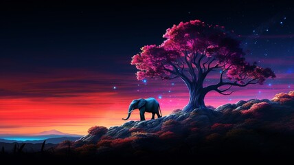 Elephant Neon light animal hill next tree AI Generated pictures