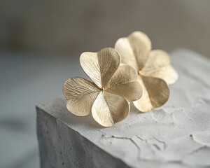 Fototapeta na wymiar Close up of earrings in shape of four-leaf clover. 