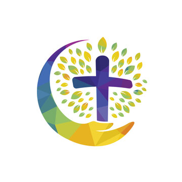 Church care vector logo design template. Cross tree with human hand icon logo design.