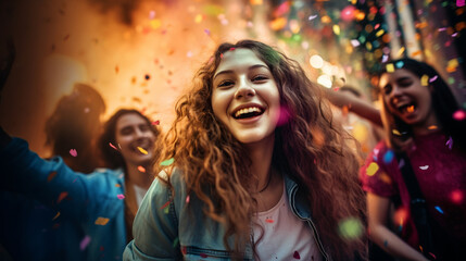 happy woman at a party, smiling and having fun with falling confetti and color lights. woman dancing in the nightclub