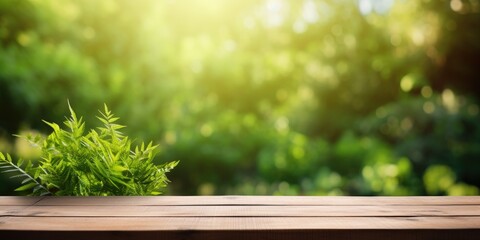 Sunlit wooden table with a green garden backdrop featuring grass, leaves, and blurred foliage. - obrazy, fototapety, plakaty