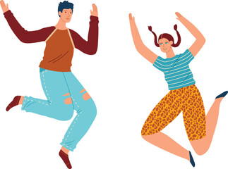 Jumping young man and woman in casual clothes. Happy couple with joyful expressions celebrating. Joy and energy, cheerful friends jumping vector illustration.