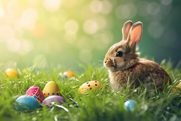 A serene Easter rabbit surrounded by colorful eggs in a lush spring garden