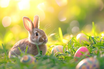 Fototapeta na wymiar A serene Easter rabbit surrounded by colorful eggs in a lush spring garden