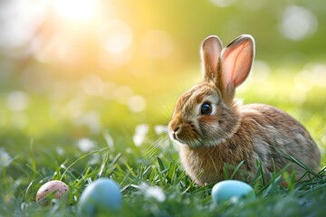 A serene Easter rabbit surrounded by colorful eggs in a lush spring garden