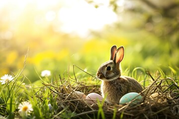 Obraz premium A serene Easter rabbit surrounded by colorful eggs in a lush spring garden