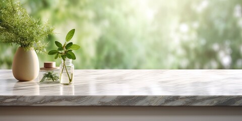 Minimal counter design featuring a marble top, kitchen wall window, and morning garden background, with selective focus enhancing elegance in product display.