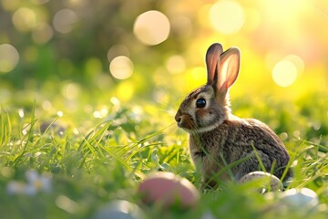 A serene Easter rabbit surrounded by colorful eggs in a lush spring garden