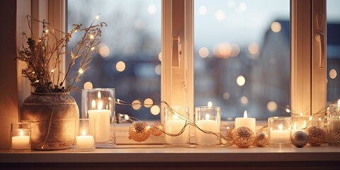 Indoor windowsill adorned with charming candles and twinkling fairy lights.
