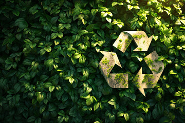 Recycle symbol on green background with recycle bin. Concept illustration representing environmentally friendly waste management and sustainability