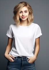 Obraz premium model in a white T-shirt on a gray background