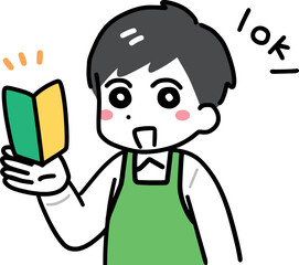 初心者マークを持つ緑エプロンの男性店員