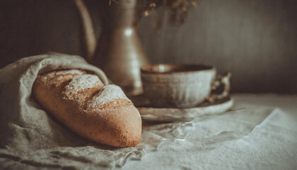 French bread wrapped in cloth, on table, close-up - obrazy, fototapety, plakaty