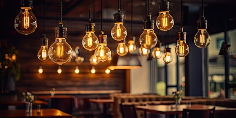 Cafe with vintage interior lighting decor featuring old light bulb lamps. Restaurant bar with vintage lighting design.