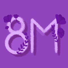 Ilustración día de la mujer, feminismo por el 8 de marzo, flores moradas con fondo morado