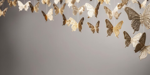 Golden Paper Butterflies hanging from a ropes on gray background, space for text.  Beautiful background for banner and greeting card for Birthday, Valentine's day, Wedding, Women's day, Mother's day	