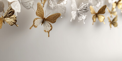 Golden and White Butterflies flying on a white background, space for text. Paper butterflies.  Beautiful background for greeting card for Birthday, Valentine's day, Wedding, Mother's day, Women's day	