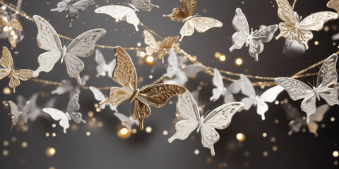 Silver and gold butterflies garland on dark background