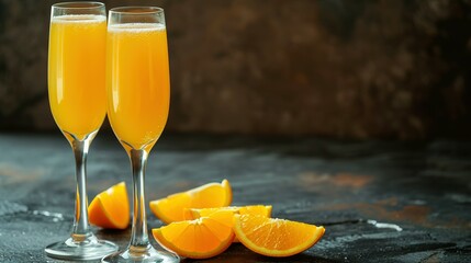 mimosa cocktail in flute glasses with orange slices on table - obrazy, fototapety, plakaty
