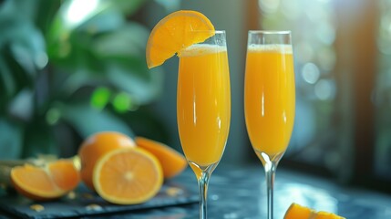 mimosa cocktail in flute glasses with orange slices on table