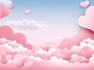 Pink sky and paper cut clouds and heart on valentines day
