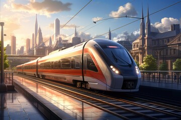 Naklejka premium the train travels against the backdrop of a city landscape