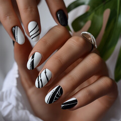 Beautiful manicure for long nails in black and white ,geometric nail design and extensions in a nail salon - obrazy, fototapety, plakaty