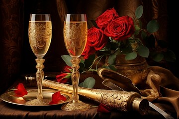 Two golden flutes & roses for celebration of love. Generative AI