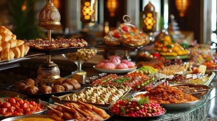 Fototapeta premium Eid Feast Extravaganza - Sumptuous Ramadan Spreads in a Festive Ambiance