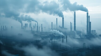 Obraz premium Industrial Impact Coal power plant with high pipes emitting black smoke, illustrating the environmental pollution and atmospheric impact of industrial activities.