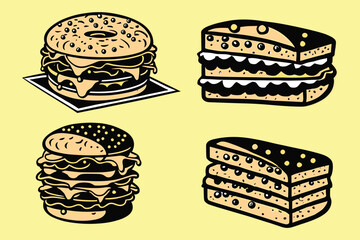 Hamburger and bread icons set in black and white. Vector illustration.