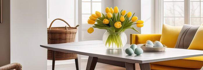 abstract home interior, yellow fresh tulips and easter eggs on the table, airy light background, big windows