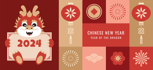 The Chinese New Year 2024 - the Year of the Dragon. Lunar New Year illustration vector set. Chinese New Year elements. 