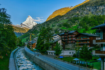 Houses and buildings in Zermatt Switzerland, a rural town in the Alps. Located in the state of...