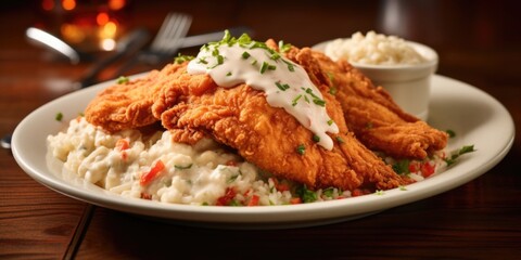 This enticing shot captures the essence of Southern comfort food, with a plate of crispy fried catfish smothered in a creamy crawfish touff e, showcasing a uniquely flavorful combination