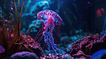 A glowing jellyfish tank with fluorescent tentacles that seem to dance in the darkness - obrazy, fototapety, plakaty