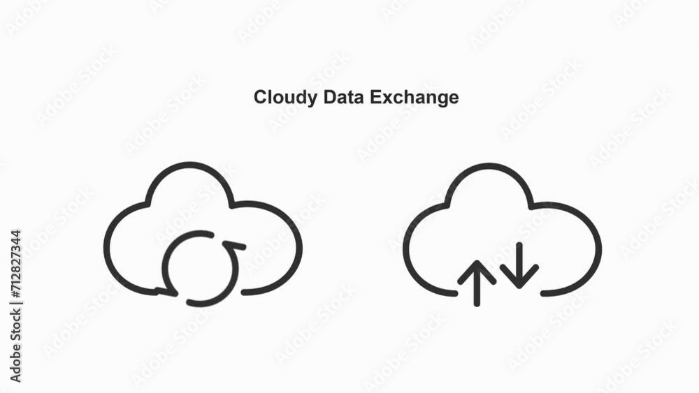 Poster black thin linear icon animations representing data transfer with cloud and arrow icon animation, cr