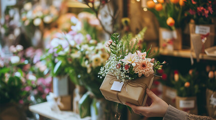 female hands holding a wrapped gift with a personal name tag on the background of a flower shop. - obrazy, fototapety, plakaty