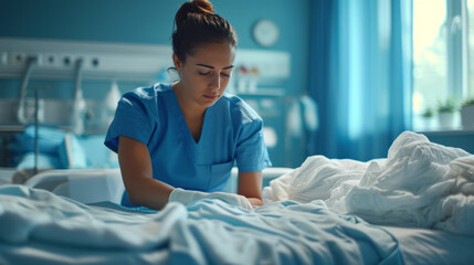 A nurse is cleaning the patient's bed linen.