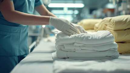 A nurse is cleaning the patient's bed linen.