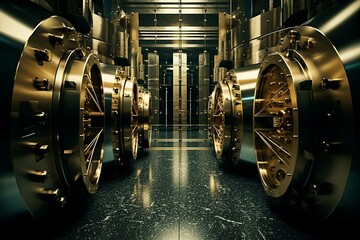 An inside-out perspective of a bank vault being invaded. Generative AI - obrazy, fototapety, plakaty
