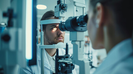 A man has his eyesight checked by an ophthalmologist. Laser vision correction.
