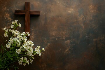 The solemnity of Good Friday represented through a rustic cross with spring flowers