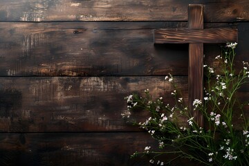 The solemnity of Good Friday represented through a rustic cross with spring flowers