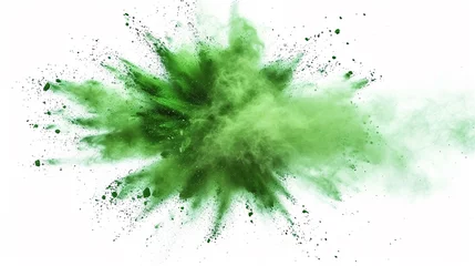 Foto op Plexiglas abstract powder splatted background,Freeze motion of green powder exploding/throwing green, Abstract emerald dust explosion on white background. © Jasper W