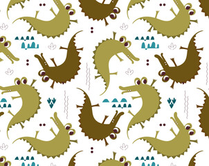 Seamless pattern with kawaii cute crocodiles, funny kids print. Vector flat cartoon doodle hand drawn illustration for kids fabric, wrapping, children textile.
