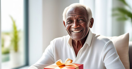 natural portrait of a senior elderly black skinned man with a gift box, blurred home interior background