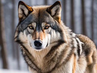 Naklejka na ściany i meble Portrait of a Canadian wolf in snowy weather - generated by ai