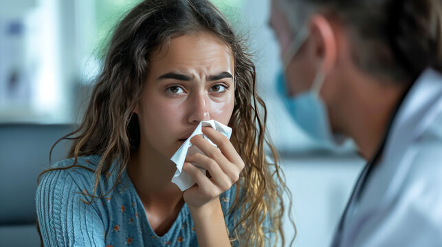 A girl with an illness blows her nose at a doctor's appointment.