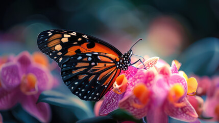 A colorful butterfly with delicate wings rests on a vibrant flower